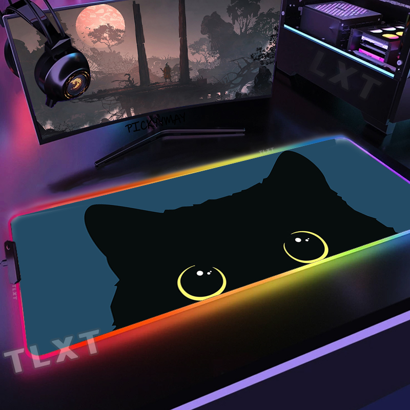 Desk Setup Blue - Grande rgb mouse pad bonito gato